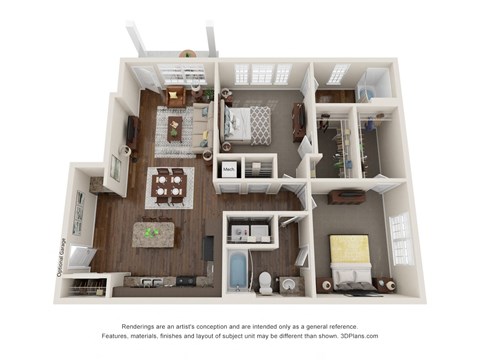 Floor plan for 2 beds, 2 baths, 1062 sqft